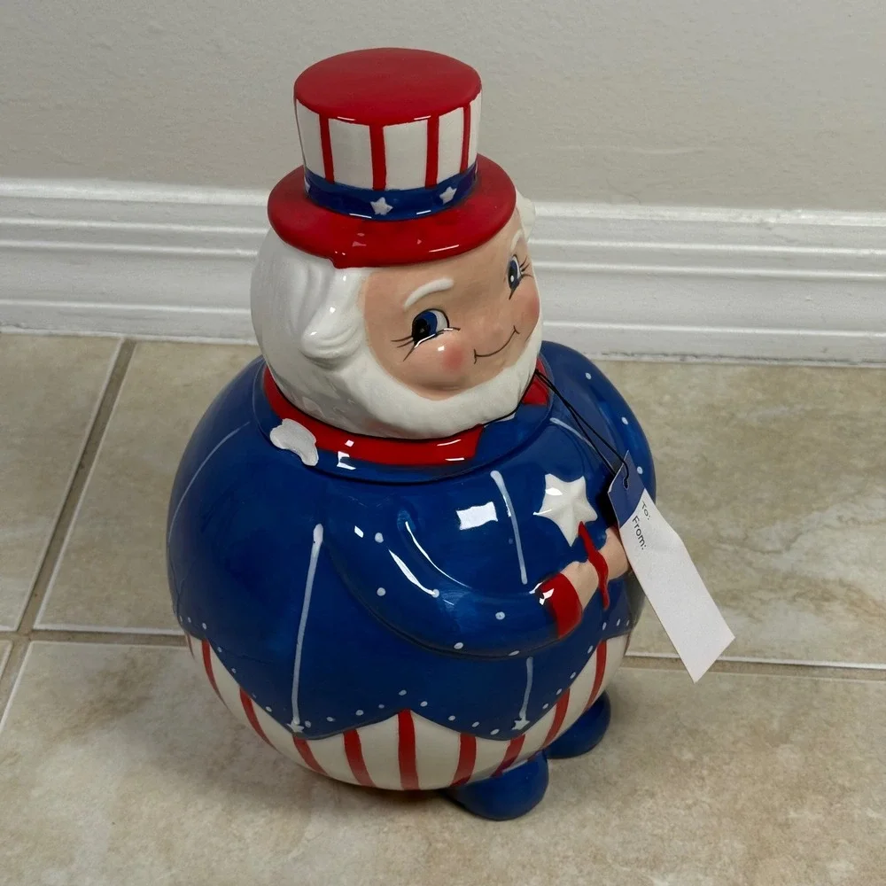 Johanna Parker Carnival Cottage Uncle Sam Cookie Jar Red White Blue Patriotic